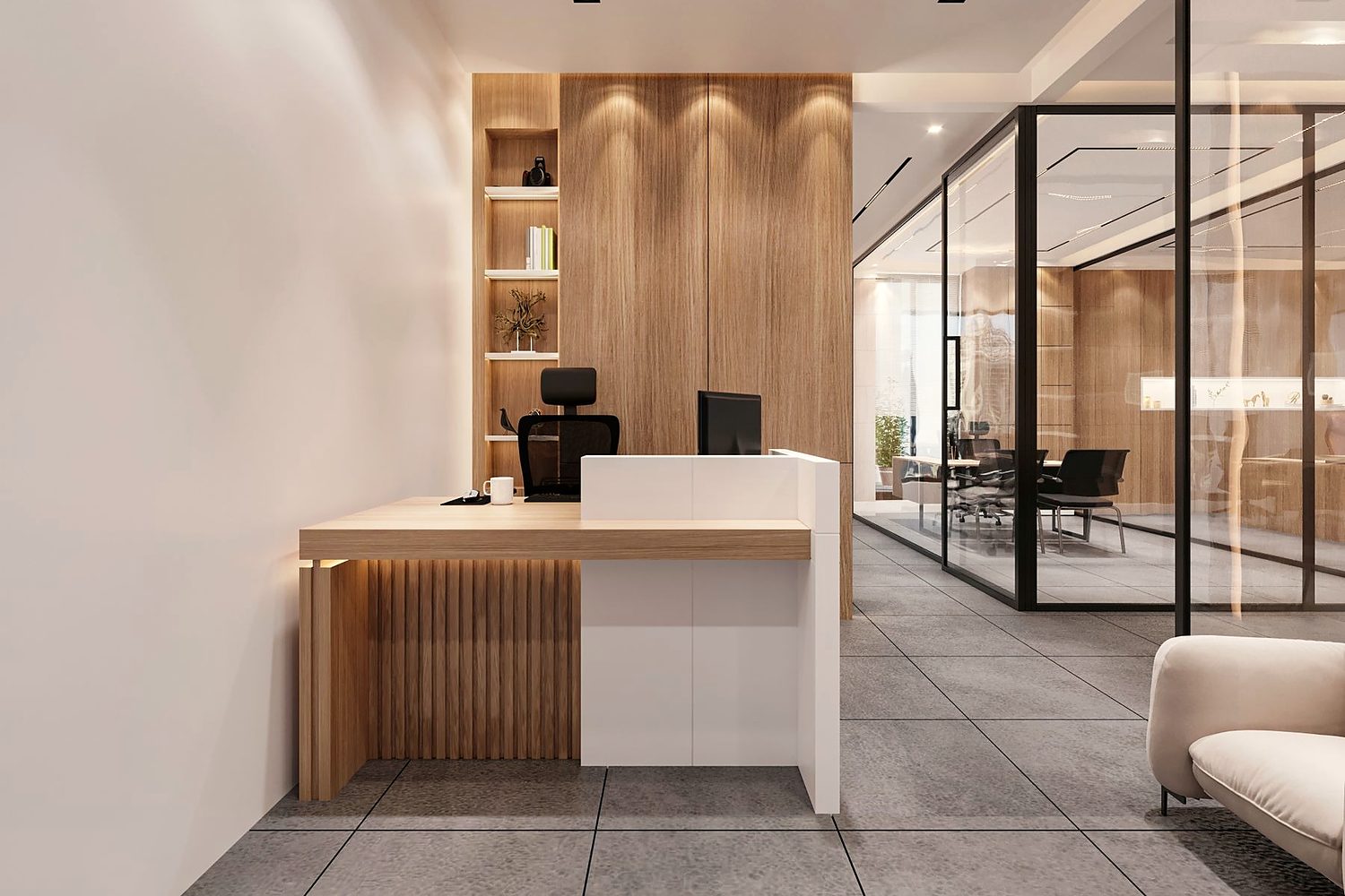 Modern office reception with warm wood panelling and glass-walled meeting rooms